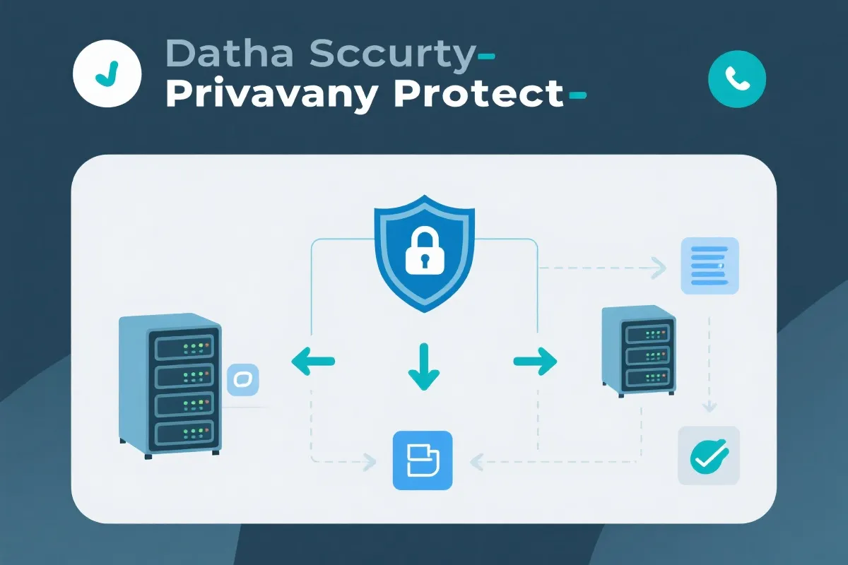 描绘数据安全和隐私保护流程的图表，包含盾牌和锁等符号，体现了系统的可靠性